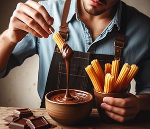 una persona metiendo churros en chocolate derretido